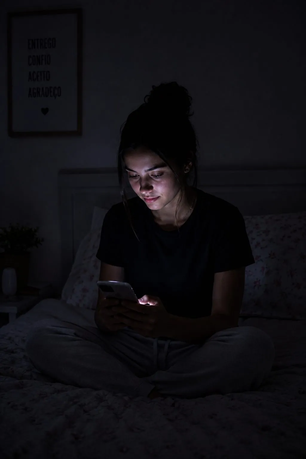 Jovem sozinha no quarto à noite, olhando o celular
